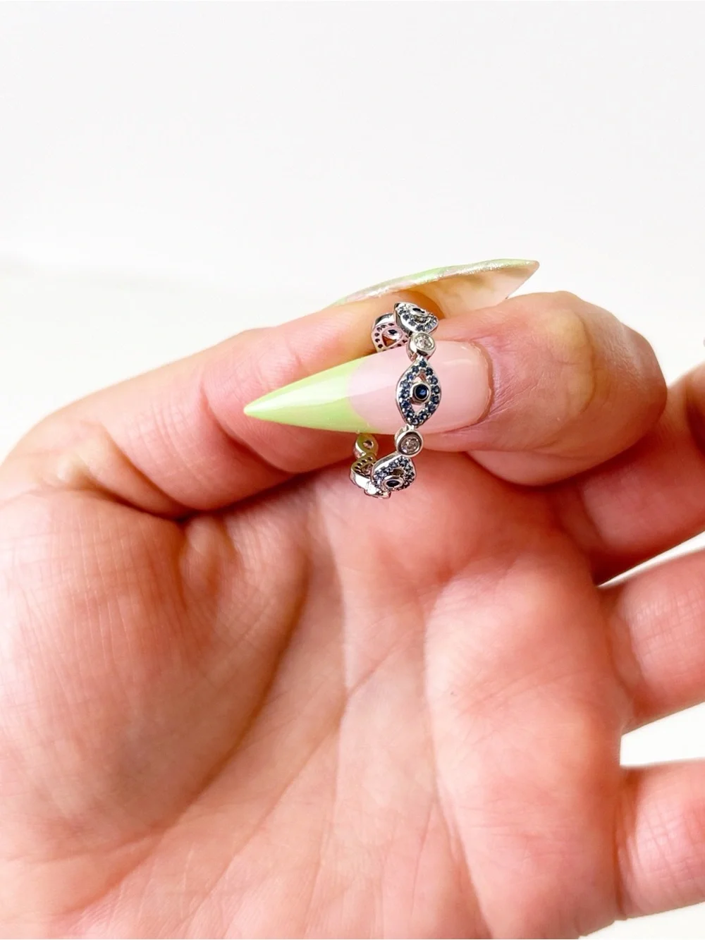 Sterling Silver Blue Evil Eye Band Ring with Cubic Zirconia